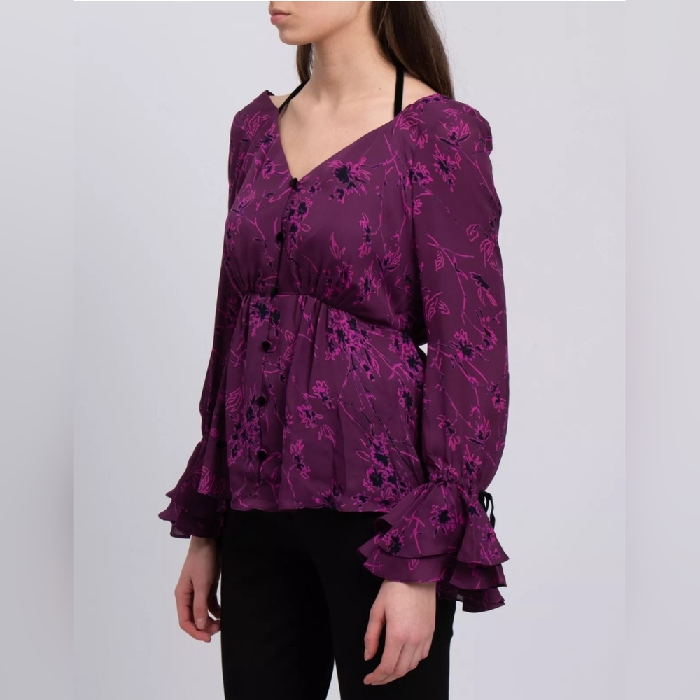 CINQ A SEPT Purple Pink Silk Blouse Top Bell Cuffs